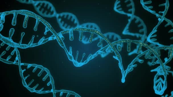 被写界深度の抽象的な青い輝くDNA二重らせん。破片からのDNA構築のアニメーション。科学アニメーション。3D レンダリング ジェノム未来的なフッテージ。遺伝学の概念設計 — ストック動画