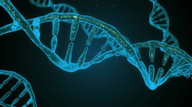 Alan derinliği ile soyut mavi ışıltılı Dna çift sarlak. Enkazdan DNA yapımının animasyonu. Bilim animasyonu. Genom fütüristik görüntüleri 3d render. Genetiğin kavramsal tasarımı