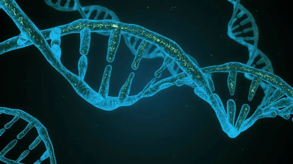 Abstrakcja Niebieski błyszczące DNA podwójna spirala z głębią ostrości. Animacja budowy DNA z debrises. Animacja naukowa. Renderowanie 3D genom futurystyczny materiał filmowy. Koncepcyjny projekt genetyki — Zdjęcie stockowe