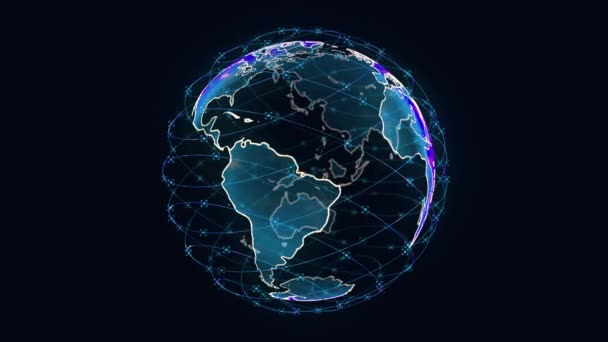 Digital jord data glob - abstrakta 3D-rendering satelliter Starlink video nätverk anslutning världen. satelliter skapar oneweb eller skybridge omgivande planet förmedlar komplexitet big data översvämning — Stockvideo