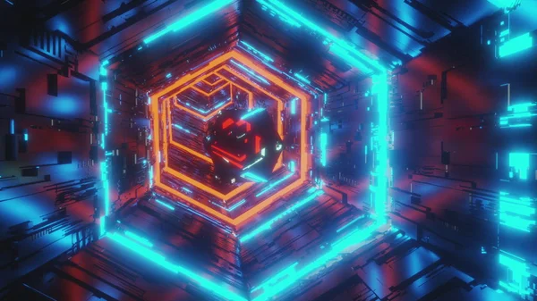 parlak mavi ve kırmızı neon ışıklarıaltı tünelin merkezinde hareket eden bir aynasal mücevher soyut arka plan hareket video. 4k 3d render animasyon.