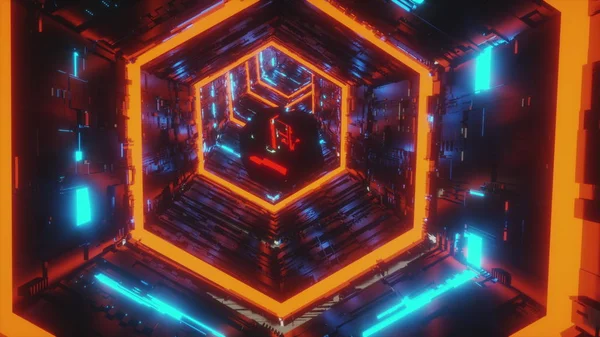 Абстрактное фоновое видео движения зеркального драгоценного камня, движущегося в центре шестиугольного тоннеля ярко-синих и красных неоновых огней. 3D-анимация в 4K . — стоковое фото