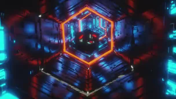 Abstract background motion video of a specular gem moving in the center of hexagon tunnel of bright blue and red neon lights. 3d rendering animation in 4K. — Stock Video