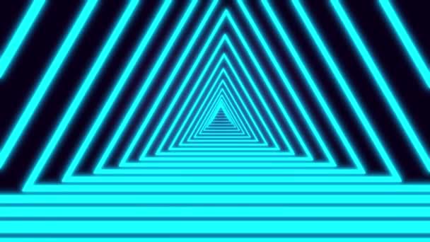 tunnel triangle abstrait composé de lignes lumineuses néon bleu-vert colorées. Fond noir futuriste néon tunnel. 3d rendant le concept d'art d'animation en vidéo 4K .