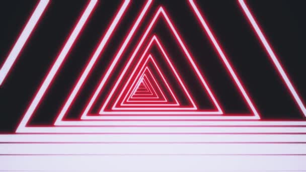 Tunnel triangle néon abstrait généré par ordinateur composé de lignes lumineuses mobiles en couleur orange sur fond noir, rendu 3D vidéo 4k . — Video