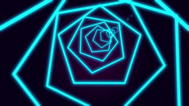 Bewegung in weißem Neon-Pentagontunnel auf schwarzem Hintergrund, 3d-Rendering 4k-Video — Stockvideo