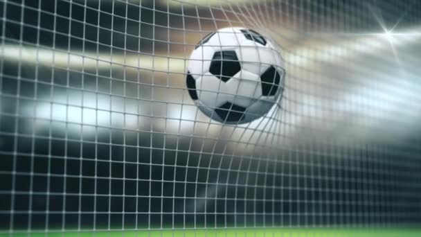 サッカースローモーションボールはゴールネットに飛び込みます。3Dレンダリング クローズアップ成功スポーツコンセプト。スタジアムのファンは、フラッシュストロボライトで写真を撮ります。4k Uhd 3840x2160. — ストック動画