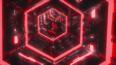Parlak kırmızı neon altıgen tünelde uçan bir aynasal mücevher soyut arka plan. Sanat, ticari ve iş konsepti. 3d render animasyon sorunsuz 4k video.