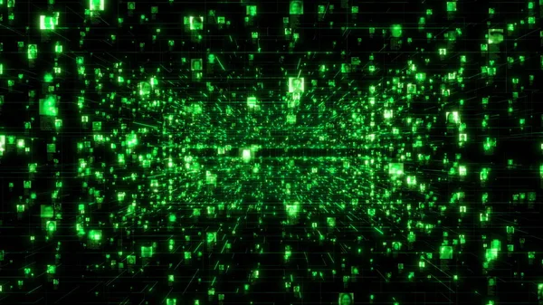 Künstliche Intelligenz Konzept eines sozialen Netzwerks mit einem Strom von Menschen Porträts durch helle grüne Netzwerk-Raster in schwarzem Internet Cyberspace Hintergrund verbunden. 3D-Wiedergabe von 4K-Filmmaterial. — Stockfoto