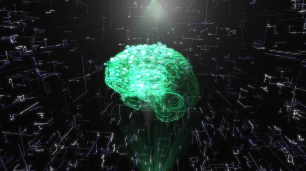 Rotating Hologram of Human Brain scan AI concept Glowing Light Particles Arranged in the Formation of Human Brain Model Spinning 360 Degree 3d rendering Animated Background green — Stock Photo, Image