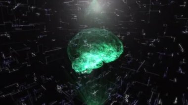 İnsan Beyninin Dönen Hologramı Ai kavramı Parlayan Işık Parçacıkları İnsan Beyni Modeli Nin Oluşumunda Düzenlenmiş 360 Derece 3d Renderanimasyon Arka Plan yeşili