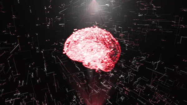 Hologram av mänskliga hjärnan Scan AI Concept glödande ljuspartiklar arrangerade i bildandet av mänskliga hjärnan modell spinning 360 grad 3D rendering animerad bakgrund röd — Stockfoto