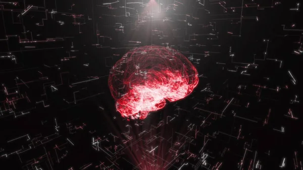 Hologramm des menschlichen Gehirns scan ai Konzept glühende Lichtteilchen angeordnet in der Bildung des menschlichen Gehirns Modell drehen 360 Grad 3D-Rendering animierten Hintergrund rot — Stockfoto
