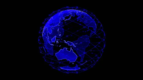 全球网络地球数据（英语：global network Earth data）-全球抽象3D渲染卫星星联视频网络连接世界。 卫星在行星周围形成一个网络或天桥，传送复杂的大数据 — 图库照片