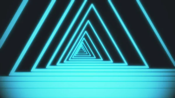 Túnel de triángulo abstracto compuesto de líneas de luz de neón de color púrpura-verde. Túnel de neón futurista de fondo negro. 3d renderizado concepto de arte de animación en 4K — Foto de Stock