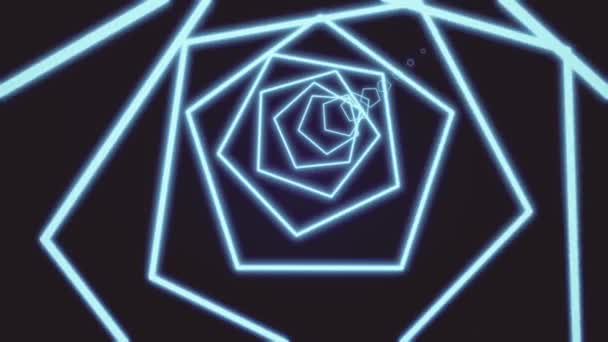 Komputer dihasilkan abstrak neon pentagon terowongan yang terdiri dari garis-garis cerah bergerak dalam warna biru pada latar belakang hitam, 3D rendering 4k video. — Stok Video
