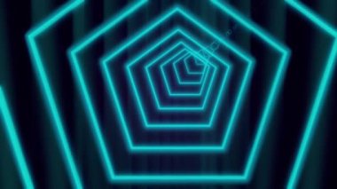 Soyut beşgen tüneli renkli mor-yeşil neon ışık çizgilerinden oluşur. Siyah arkaplan fütürist neon tüneli. 4K 'da 3D canlandırma sanatı kavramı