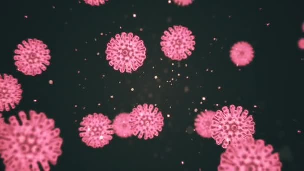 Geanimeerde virtuele weergave van covid19 coronaviruscellen in geïnfecteerd organisme. Pathogenen bewegen zich in de vorm van roze micro-organismen op zwarte achtergrond. Abstract concept 3d rendering in 4K. — Stockvideo
