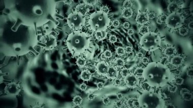 Domuz gribi virüsü H1N1 hücre animasyonunun elektron mikroskobu büyütülmesi. Parlak gri-mavi virüs hücreleri siyah uzay arka planında yüzüyorlar. Viral hastalık konsepti. 3D görüntüleme 4K