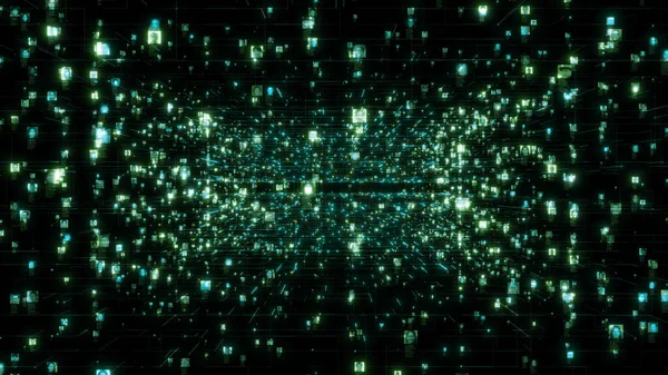 Concepto de inteligencia artificial de una red social con un flujo de retratos de personas conectadas por la red azul brillante en el fondo del ciberespacio negro. 3D representación de imágenes 4K . —  Fotos de Stock