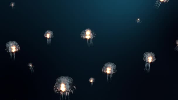 Høykvalitets-animasjon av maneter med et flimrende lik som flyter i det dype mørke hav. Videoen er en... 4K Ultra HD video. 3d smelting – stockvideo