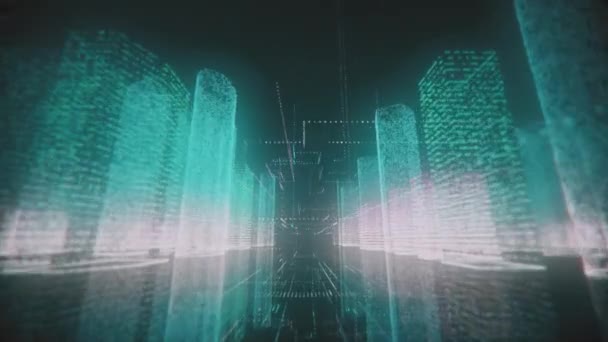 Se déplacer à travers le modèle lumineux azur et blanc de la ville numérique abstraite contenait des nombres et des grilles sur fond noir. Concept d'entreprise, de communication ou de technologie numérique. rendu 3d 4k 