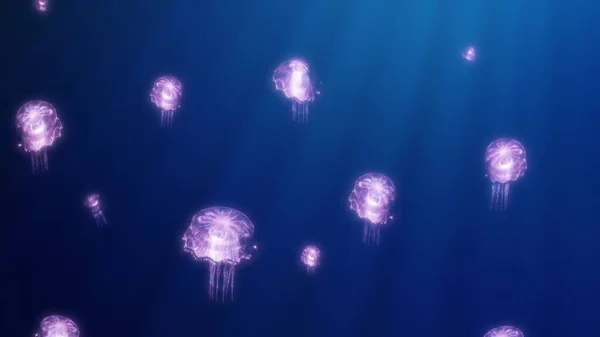 Color magenta jellyfish move in sunny bunnies on a blue background. Event frames, concert, set design, title, presentation, website, editors and VJ for LED screens and projection maps. 3D rendering — Stock Photo, Image