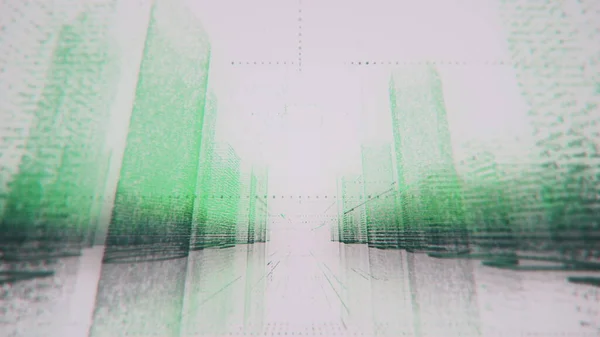 Bewegung durch helles, neonfarbenes digitales Modell einer abstrakten Geschäftsstadt aus Symbolen in grüner und schwarzer Farbe auf weißem Hintergrund. Business, Verbindungen und digitales Technologiekonzept. 3D-Darstellung 4k — Stockfoto