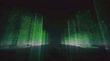 Siyah arka planda parlak yeşil ve beyaz renkli sembol ve ızgaralardan oluşan soyut modern şehrin neon dijital modelinde uçuyoruz. İş, bağlantılar ve dijital teknoloji kavramı. 3d