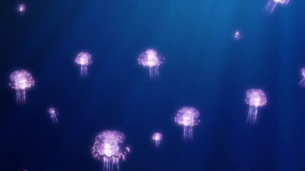 Színes bíbor medúzák mozognak napfényes nyulakban, kék háttérrel. Rendezvény keretek, koncert, set design, cím, bemutató, weboldal, szerkesztők és VJ LED képernyők és vetítési térképek. 3D renderelés — Stock videók