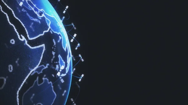 Resumo Os satélites de renderização 3D starlink network, digital earth data globe - conectam o mundo. satélites criar oneweb ou skybridge em torno do planeta transportando complexidade big data inundar o — Fotografia de Stock