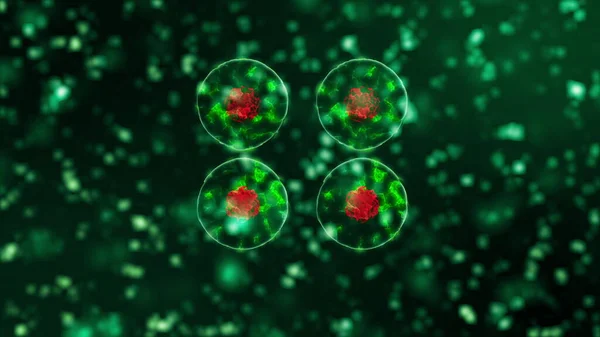 Abstrakt 3D-modell av coronavirus 2019-nCoV patogena celler i infekterat blod visas som azurfärgade sfäriska mikroorganismer som rör sig på en svart bakgrund. Animerad 3D-återgivning närbild 4K video. — Stockfoto