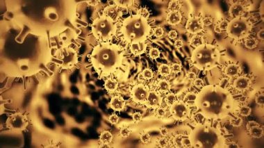 Grip virüsü H1N1 sarı renkli hücreler, bir elektron mikroskobunda büyütme altında siyah uzay arka planında yüzüyorlar. Viral hastalıkların soyut bir geçmişi var. 4K video içerisindeki 3d canlandırma canlandırması.