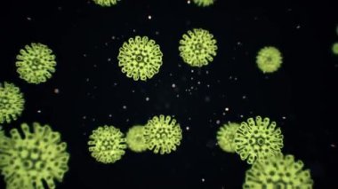 Virüs Coronavirus 2019-nCoV enfeksiyon görselleştirme. Mikrop kapmış insanların içindeki patojen hücreleri siyah zemin üzerinde neon yeşil küresel mikroorganizmalar olarak gösteriliyor. Canlandırılmış 3D görüntüleme 4K video kapatma.