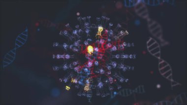 Kan damarlarındaki Coronavirus 2019-nCov 'un virüs hücreleri siyah zemin üzerinde mavi renkli hücreler olarak. Koronavirüs, SARS, MERS gibi tehlikeli virüs vakalarının animasyon konsepti. 3D görüntüleme 4K.