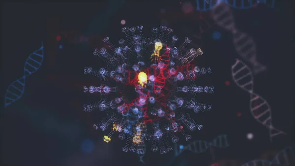 Células virales del coronavirus 2019-nCov en el vaso sanguíneo como células de color azul sobre fondo negro. Concepto animado de casos peligrosos de cepas virales como coronavirus, SARS, MERS. 3D representación de vídeo 4K. —  Fotos de Stock