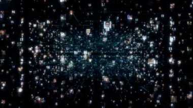 Mavi şebeke boyunca ilerleyen tanımlanamayan insan portreleri ve siyah siber uzay arka planında veri bağlantıları olan bir sosyal ağ, 3D görüntüleme 4k