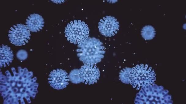 Virové buňky koronaviru covid19 se pohybují v cévách ve formě modrých buněk vznášejících se na pozadí temného prostoru cév. Virologický koncept v abstraktním 3D vykreslování 4K videa. — Stock video