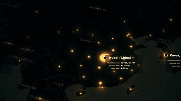 Animerad karta över spridning av coronavirus COVID-19 pandemi från Kina över hela världen. Svart karta med gula färg stad prickar med sjukdomsstatistik. Epidemiskt koncept 3D-renderingsbakgrund i 4K. — Stockvideo