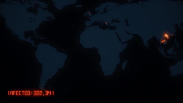 Coronavirus COVID-19 pandemic world map. La epidemia se está extendiendo desde Wuhan por todo el mundo. Terrenos oscuros con puntos de la ciudad infectados con naranja y datos estadísticos. 3d renderizado fondo animado en 4K. — Vídeo de stock