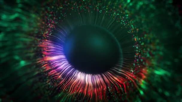 Linhas verdes e magenta após a explosão formam um modelo tridimensional da pupila humana, olhos. Conceito de íris humana. 3D renderização animado fundo abstrato em 4K — Vídeo de Stock