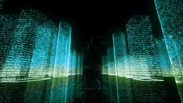 El vuelo de la cámara en el ciberespacio negro a través del modelo de la gran ciudad digital consiste en símbolos y rejillas de color azul y blanco. Tecnología digital y experiencia en concepto de negocio. Representación 3D de vídeo 4k . — Vídeos de Stock