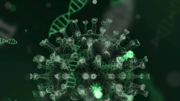 Células de coroonavírus 2019-nCov no organismo vaso sanguíneo apresentado como células verdes de néon sobre fundo preto. Conceito de casos de estirpe de vírus perigosos como coronavírus, SARS, MERS. 3D renderização de vídeo 4K. — Fotografia de Stock