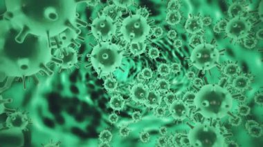 H1N1 domuz gribi virüsünün neon renkli hücreleri siyah uzay arka planında yüzüyor. Biyoloji tıp bilimi konsepti. Salgın hastalık. Salgın virüsü. 4K videoda 3B görüntüleme