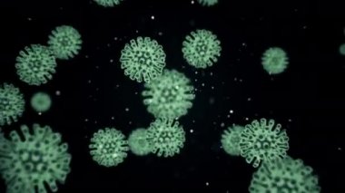 Mikrop kapmış organizmanın içindeki Coronavirus 2019-nCov patojeni siyah zemin üzerinde sarı yuvarlak hücreler olarak gösteriliyor. 2019-nCoV, SARS, H1N1, MERS ve diğer salgın virüsler konsepti. 3D görüntüleme 4K.