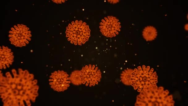 Ιικά κύτταρα του coronavirus covid19 κινούνται σε ένα αιμοφόρο αγγείο με τη μορφή πορτοκαλί χρώματος κύτταρα τα οποία επιπλέουν στο σκοτεινό διάστημα στο παρασκήνιο. Ιολογία έννοια στην αφηρημένη 3d απόδοση 4K βίντεο. — Αρχείο Βίντεο
