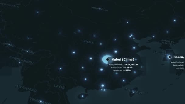 La pandemia de coronavirus COVID19 se propaga desde wuhan en China sobre continentes oscuros con puntos de color azul de ciudades infectadas y datos estadísticos. World map concepto 3d animación de renderizado en fondo 4K — Vídeo de stock