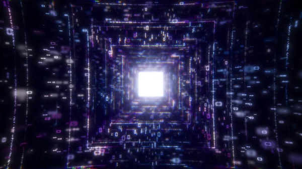 3D Big Data Digital Tunnel Square з футуристичною матрицею. Мережа частинок з двійковим кодом. Технологічний і пов'язаний рух фону. Безшовна петля 3D візуалізації — стокове фото
