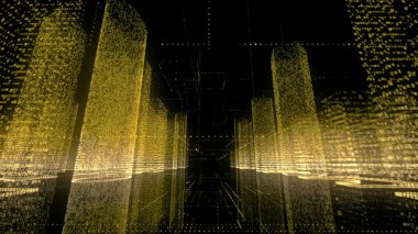 Büyük veri dijital şehri boyunca siyah siber alanda kamera hareketi sarı ve beyaz renkli sembol ve ızgaralardan oluşur. Dijital teknoloji ve iş konsepti. 3B görüntüleme 4k.