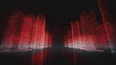 Siyah arka planda parlak kırmızı ve beyaz renkli sembol ve ızgaralardan oluşan soyut modern iş şehrinin neon dijital modelini inceliyorum. İş, bağlantılar ve dijital teknoloji kavramı. 3d